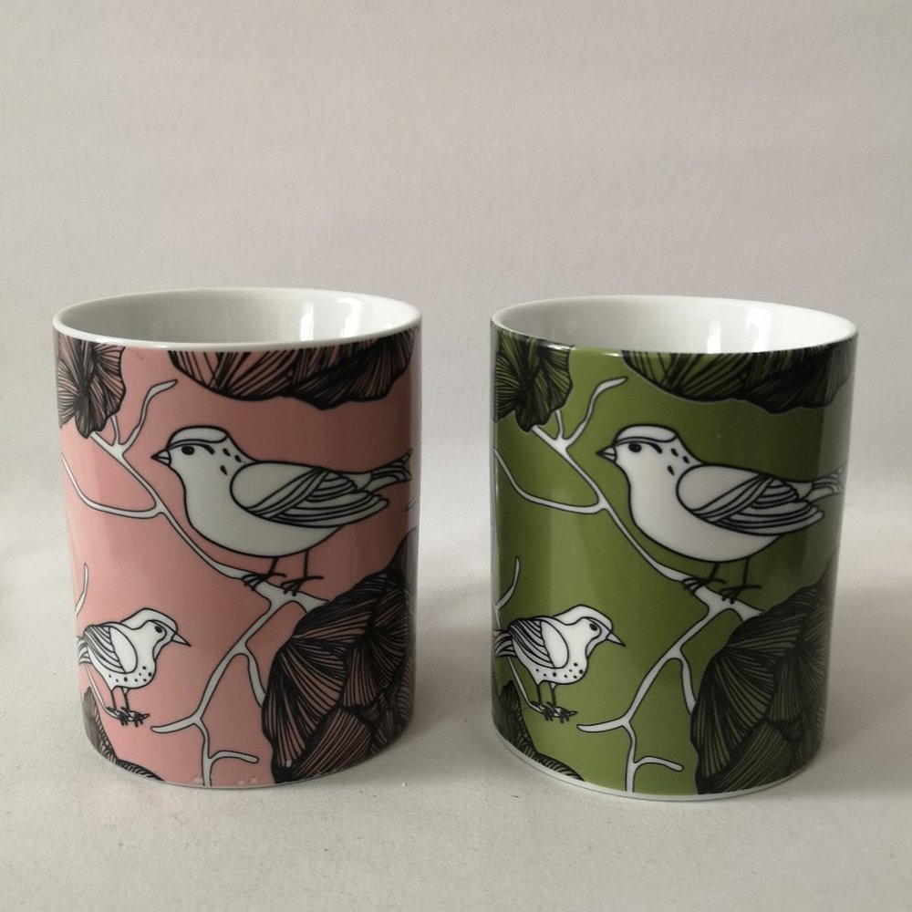 Set of Two Vintage Luciano Gourmet Bird Ceramic Coffee / Tea Mugs, Pink & Green